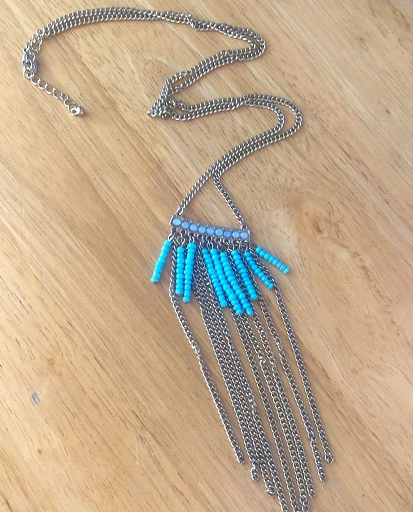 Anthropologie Shiraleah Eulalia Necklace Turquoise Fringe Chains - Image 4
