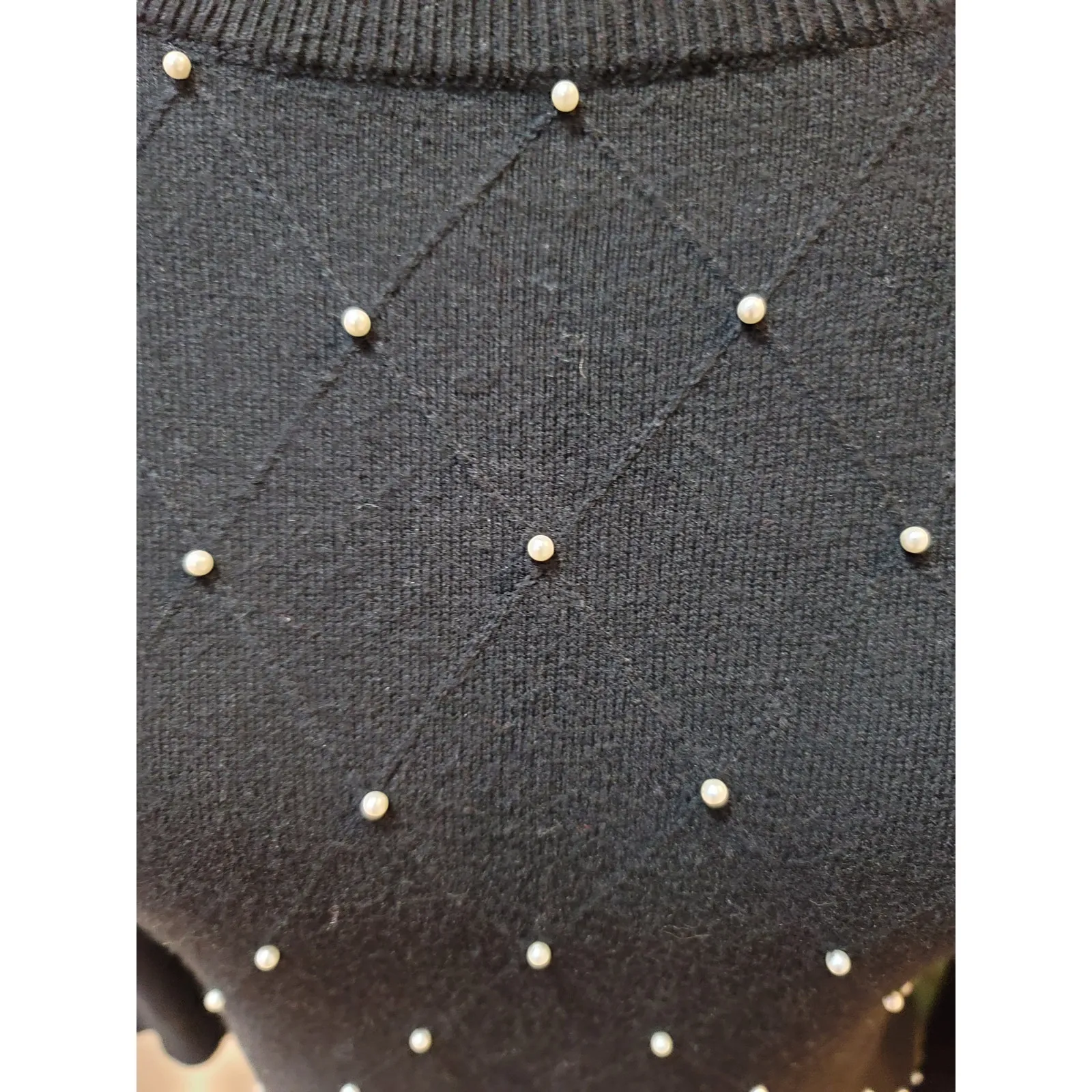 ELLE Sweater Women's Medium Black Pearl Embellished 34 Sleeve Pullover Knit - Image 6