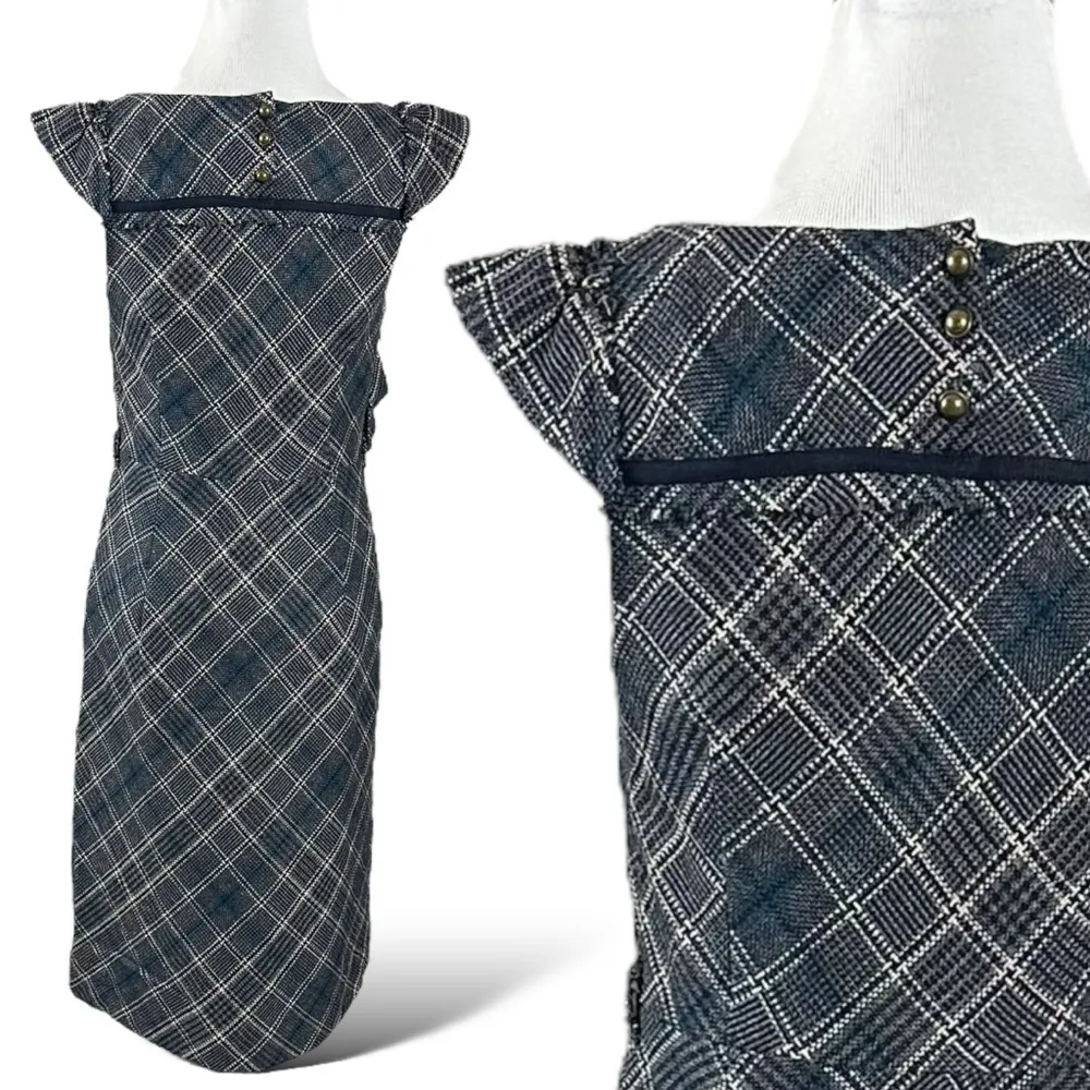 Anthropologie Floreat Tartan Plaid Wool Retro 50s Ruffle Floral Dress 2 Punk - Image 9