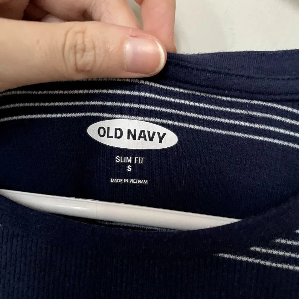 Old Navy dark blue white striped long sleeved casual comfortable crewneck shirt - Image 3