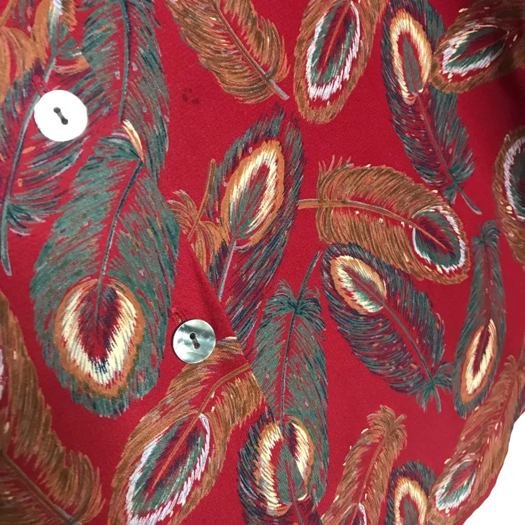 Vintage 90s Blouse Women Plus Size 22W Peacock‎ Feather Print Unique Maximalist Red - Image 10