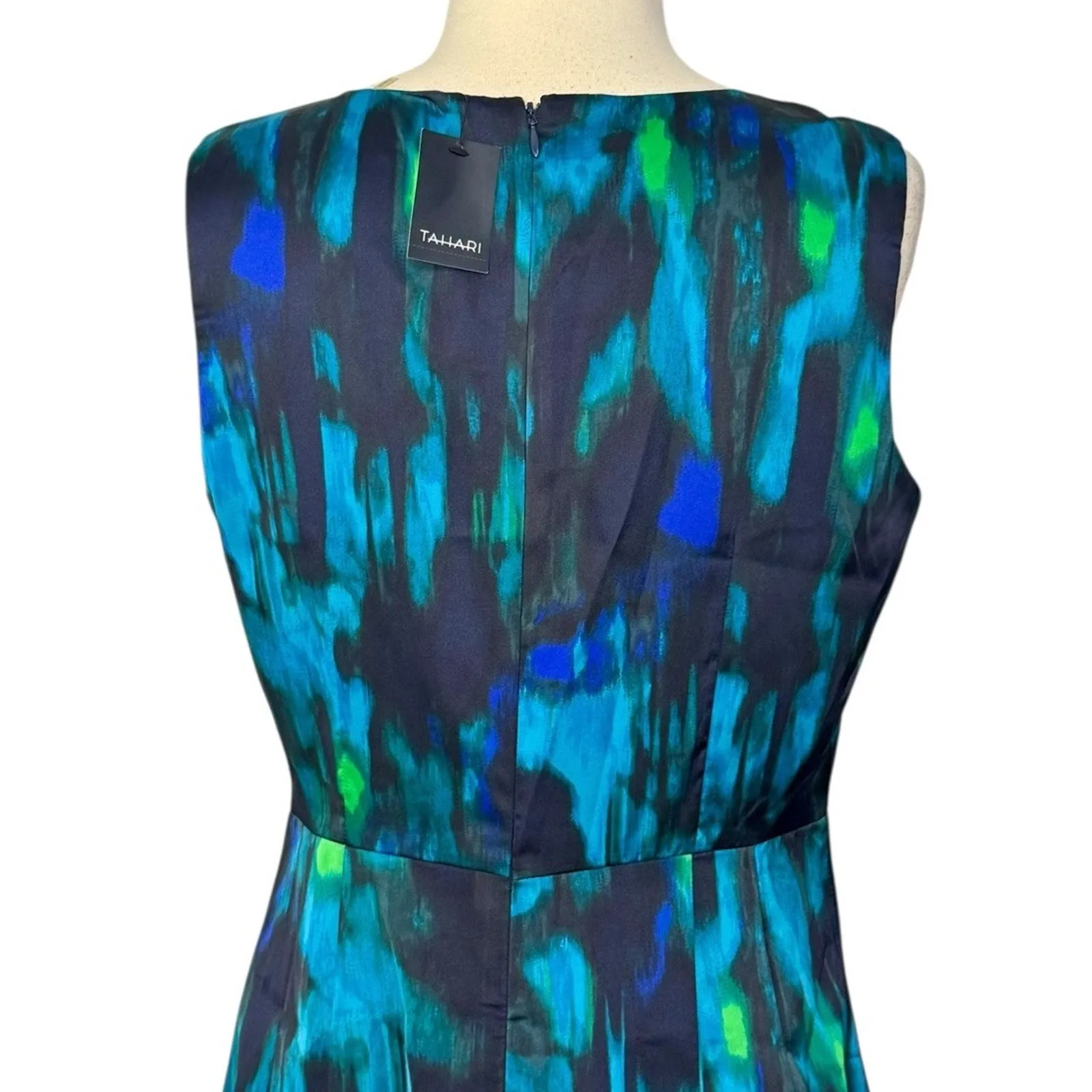 TAHARI Charma Silky Sheath Dress Midnight Dream Abstract Teal Blue Green Size 8 - Image 9