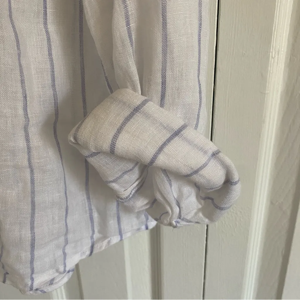 Joie Women XL Button Up Shirt 100% Linen White Stripe Sheer Coastal Beach - Image 5
