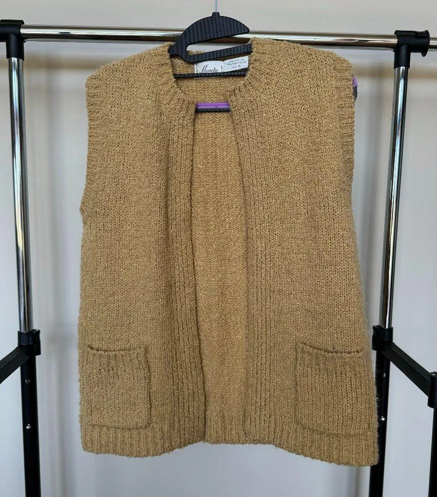 Vintage Acrylic Beige Open‎ Sweater Cardigan Moneta 80s M Vest Tan Size M - Image 2