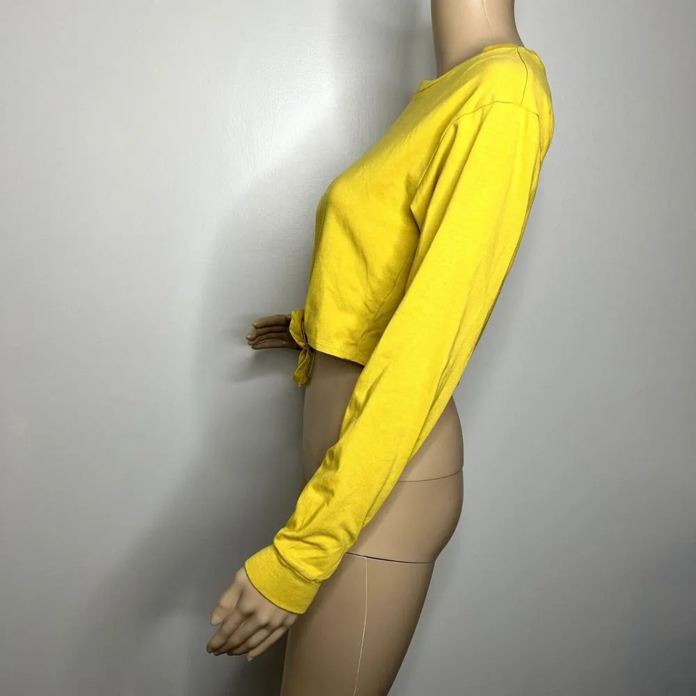 Yellow Tie Long Sleeve Crop Top Shirt - Image 2