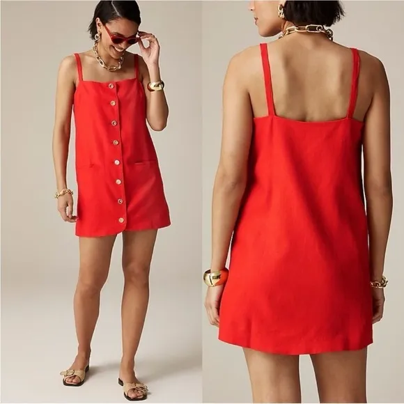 NWT JCrew CLAUDIA Linen Red Button-Down Sleeveless Dress XXS Stubborn Green Tape - Image 2