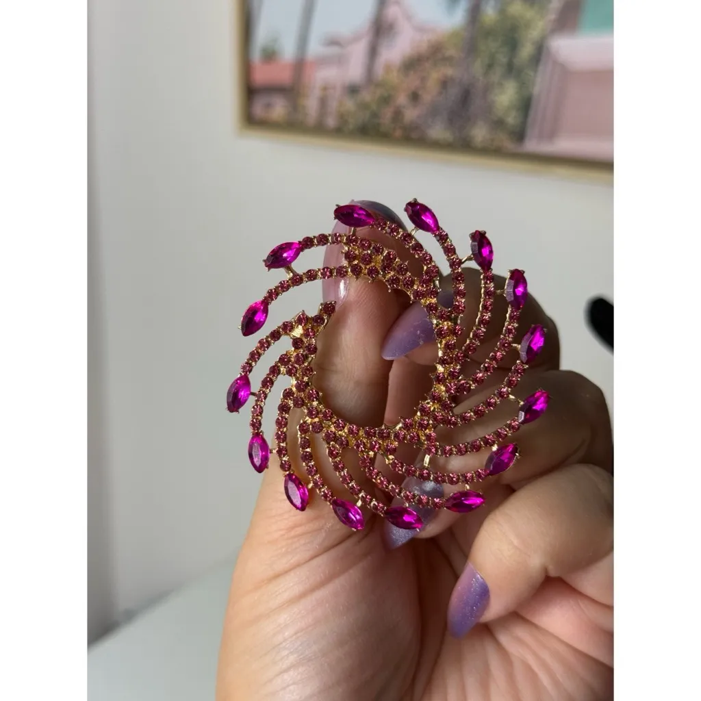 Magenta Pink Swirl Rhinestone Round Statement Earrings Costume Jewelry - Image 6