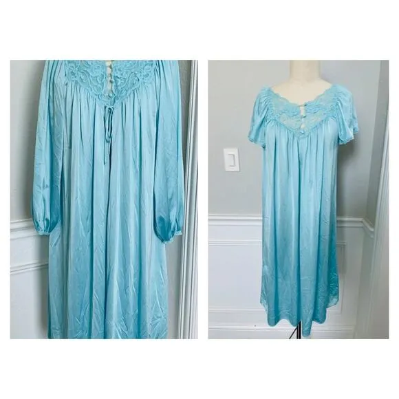 Vintage Miss Elaine Nylon Peignoir Set Gown and Robe Blue Size M - Image 2
