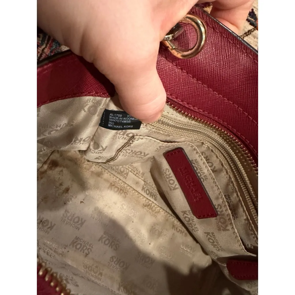 Michael Kors Hamilton Small Satchel Crossbody Logo Canvas Burgundy Leather flaw - Image 11