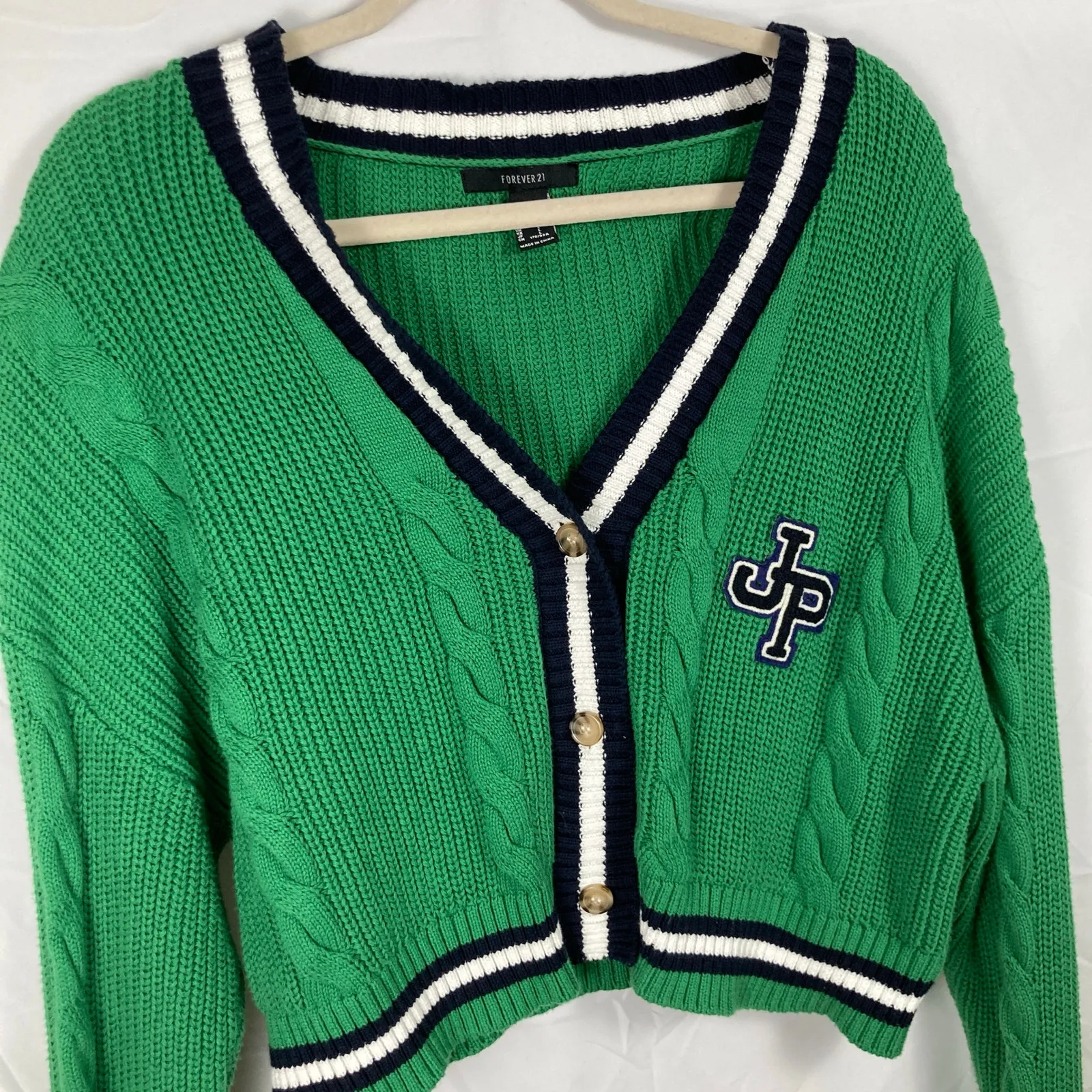 Forever 21 Womens L Green Chunky Cable Knit Varsity Crop Cardigan Tennis Preppy - Image 3