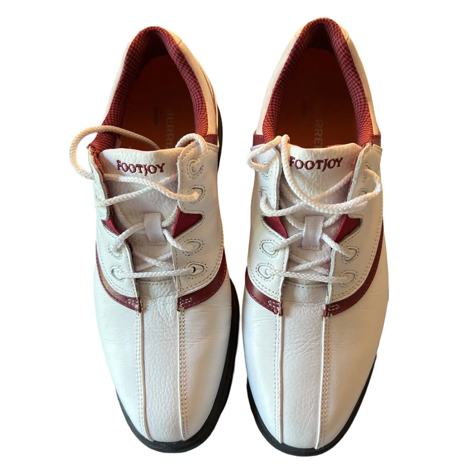 FOOTJOY Womens Golf Shoes Size 8.5 White Red Trim Leather Lace Up Spikes Comfort - Image 4