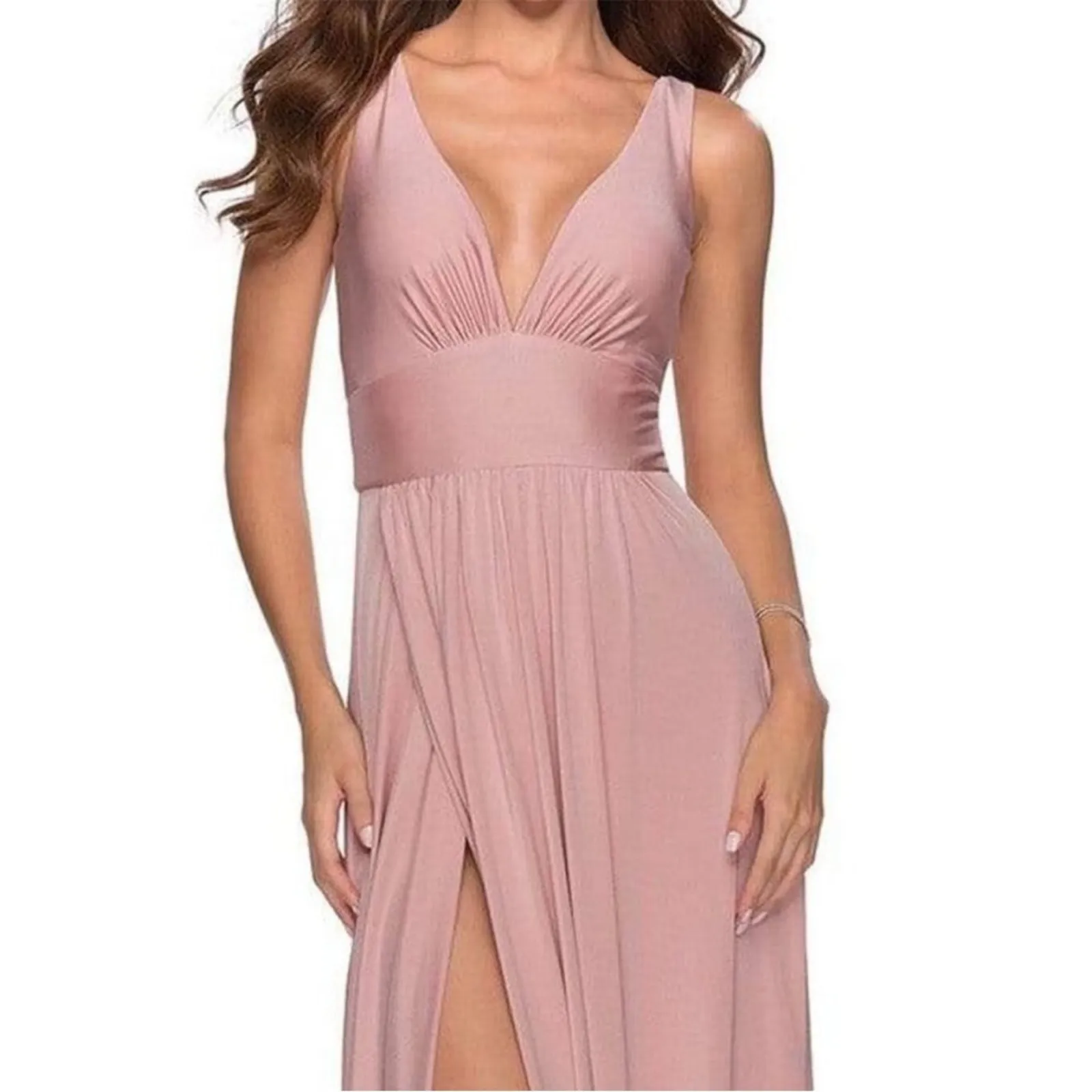 La Femme 28547 Plunge V-Neck A-Line Maxi Dress Satin Jersey mauve pink 4 NEW - Image 4