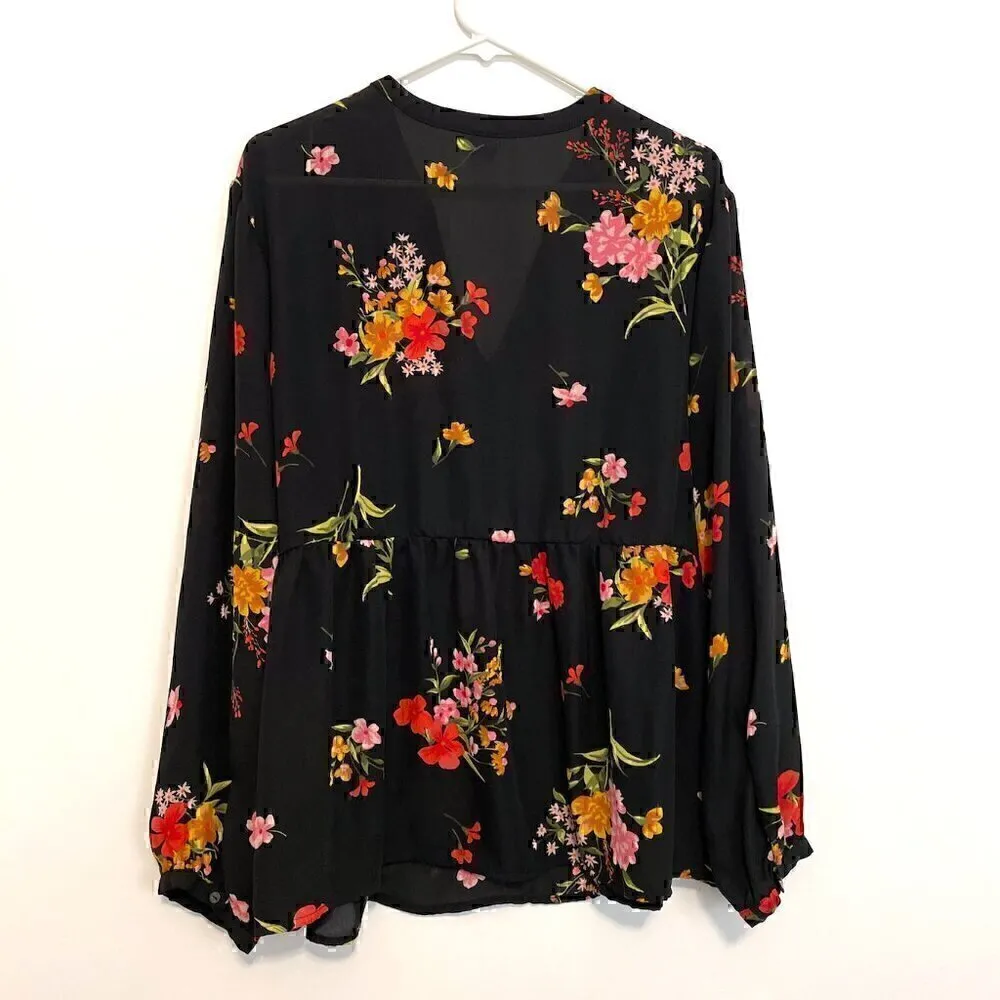 OLD NAVY Floral Print Georgette Swing Blouse Black Multi Long Sleeve Boho Top - Image 11