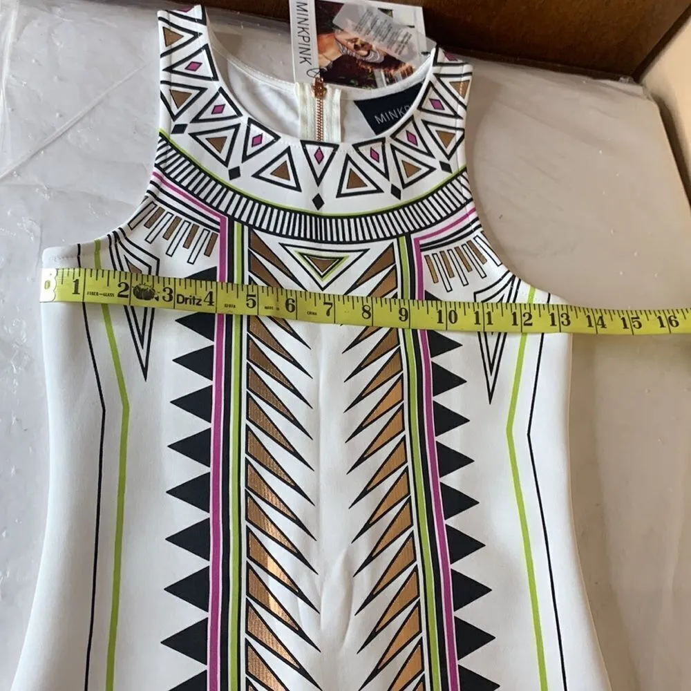 MINKPINK Techno Tribe Bodycon White Metallic Tribal Print Zipper Back Dress XS - Image 9
