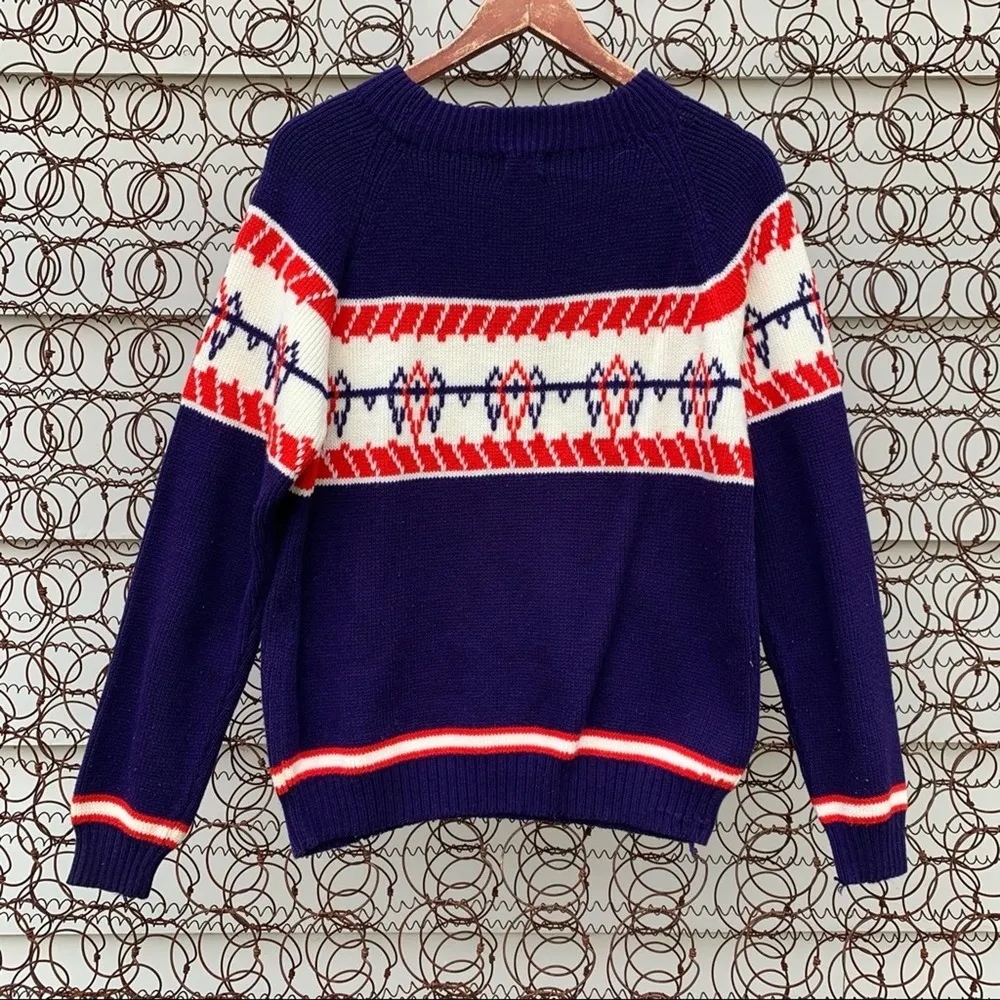 Vintage Montgomery Ward knit stripe fair isle blue red ski nordic sweater Size M - Image 4