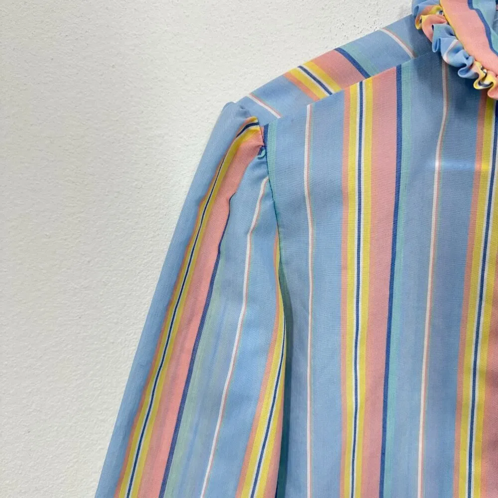 Vintage Colorful Pastel Ruffle Collar Striped Blouse 70s Puff‎ Sleeve Quirky Blue Size 10 - Image 4