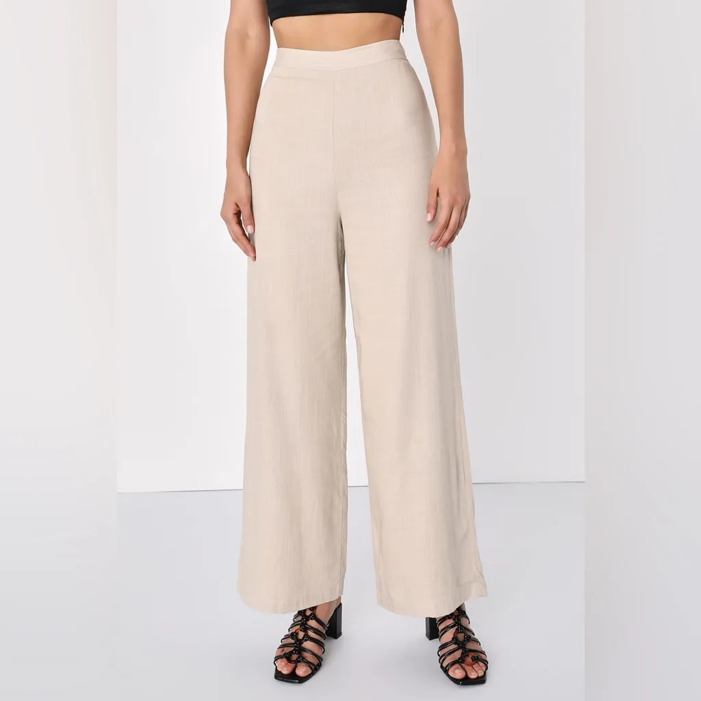 NWT Lulus Breezy Times Ahead High Waist Wide Leg Linen Blend Pants Medium - Image 2