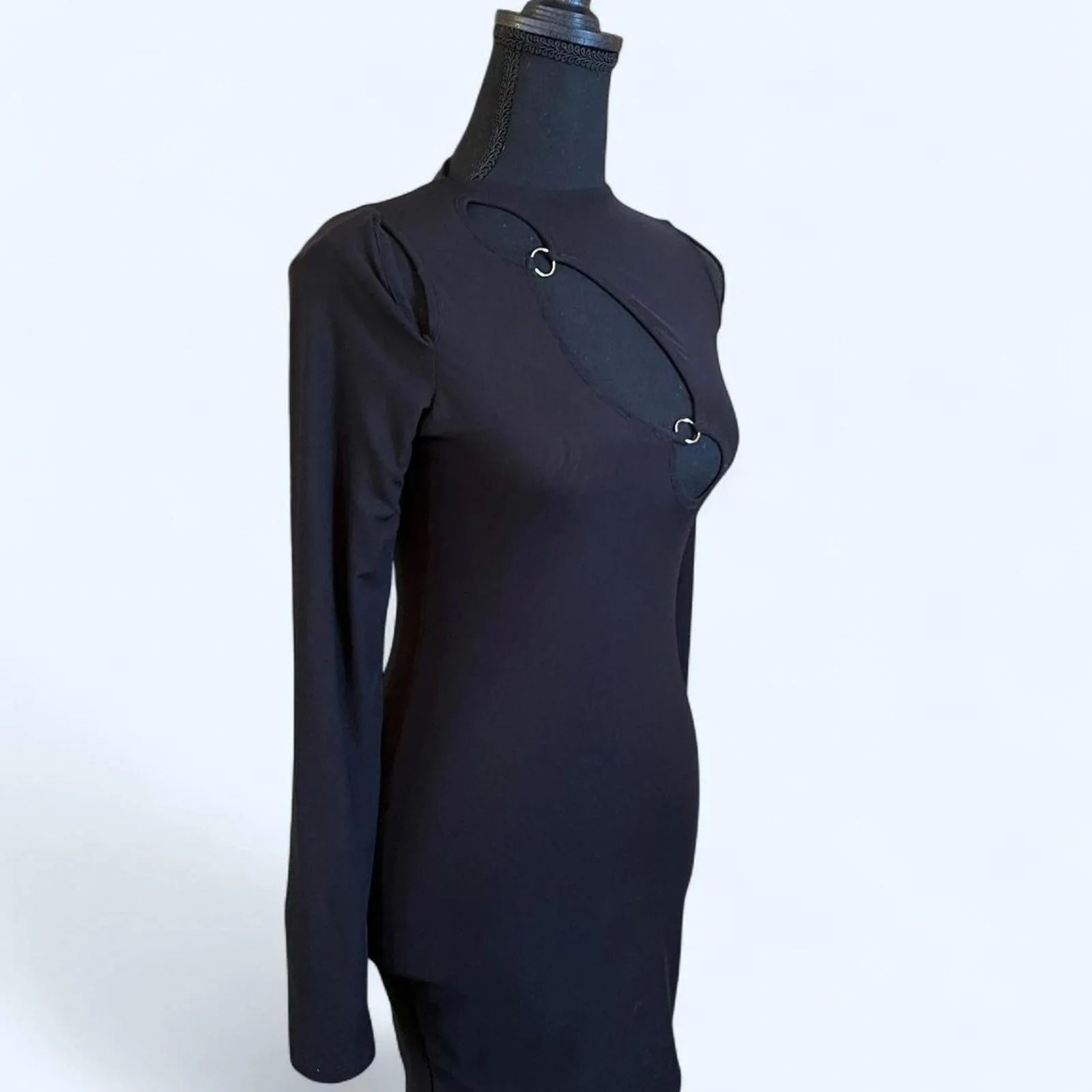 Stunning black mini bodycon dress with a subtle sheen Size 4 NEW - Image 2