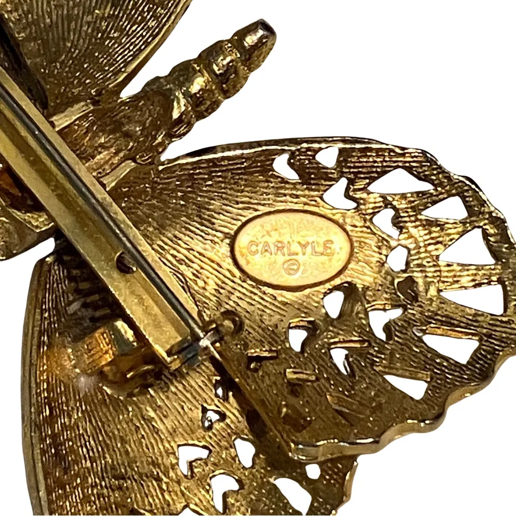 Vintage Signed Carlyle 3D Butterfly Wiggle Trembler Spring Brooch Enamel Brass Gold - Image 7