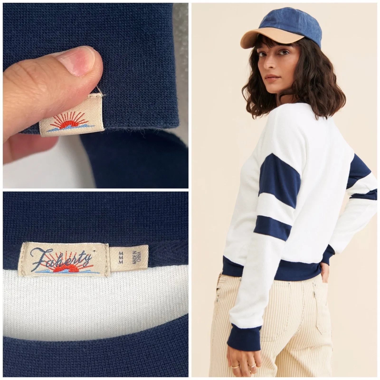 Faherty White Navy Stripe M Crewneck Pullover Women’s Long Sleeve Soft - Image 2