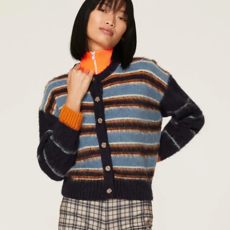 Stine Goya Ash Navy Striped Fluffy Knit Cardigan Blue - Image 8