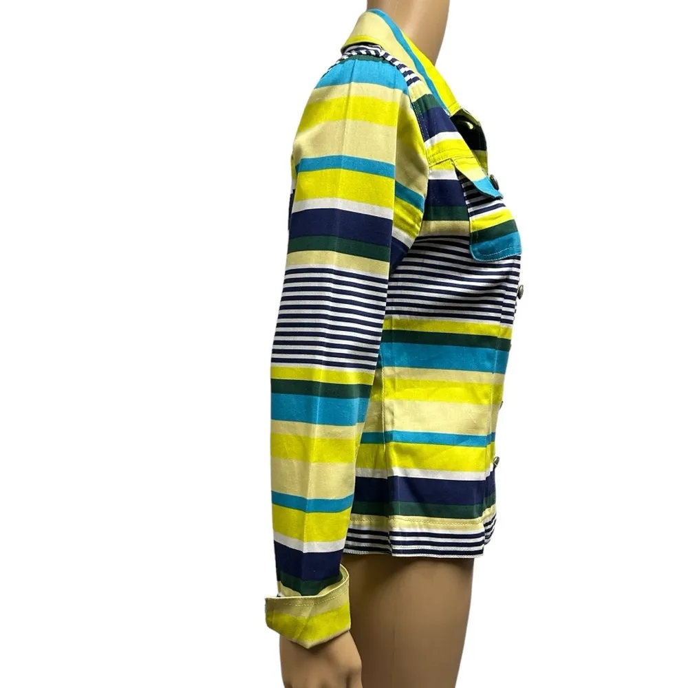 Live A Little Button Up Neon Navy Green Aqua Striped Pocket Jacket Womens Small - Image 5