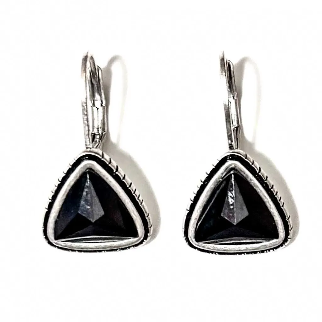 NEW - The Sak - Boho Blue Agate Gemstone and Silver Decor Triangle Earrings - Image 3