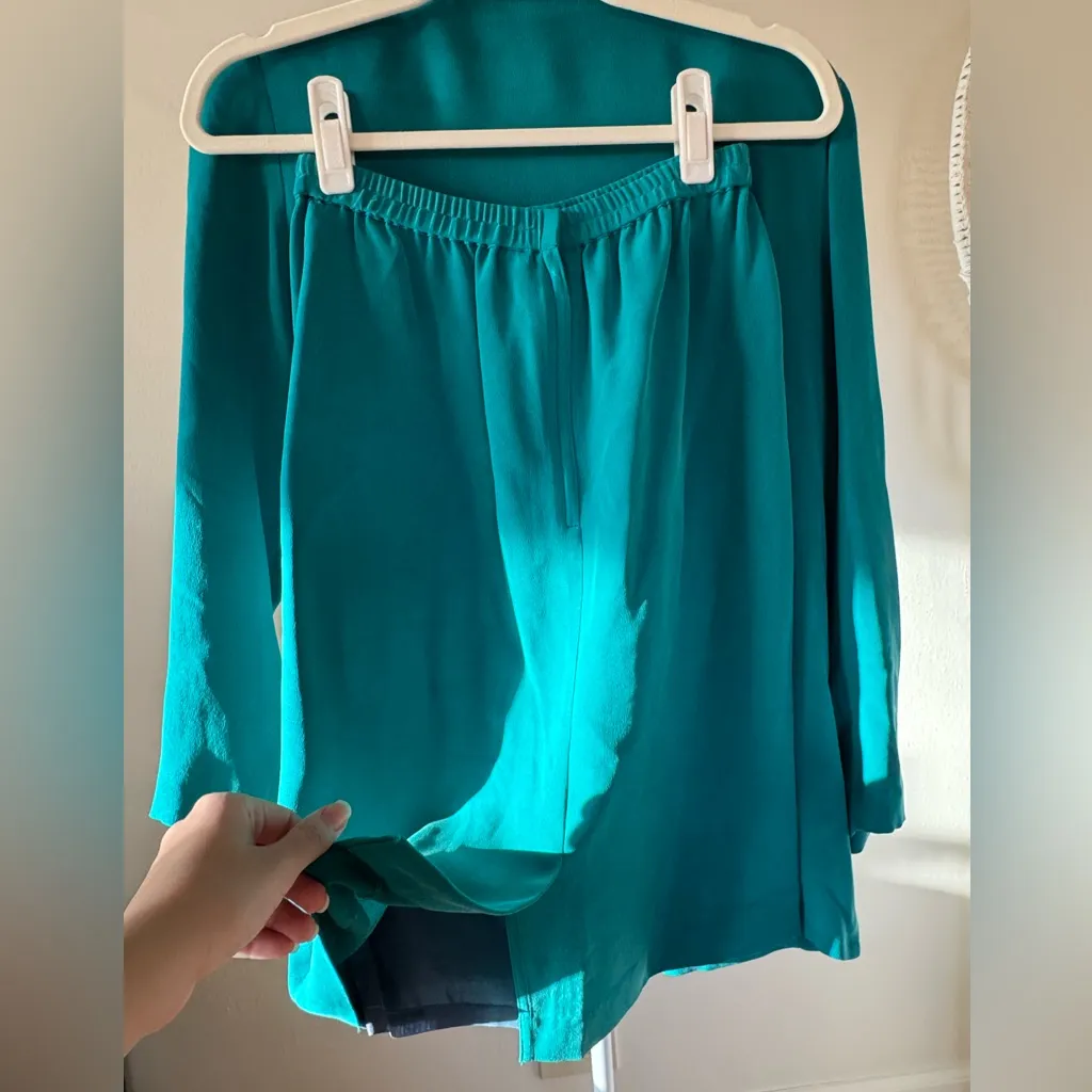 Vintage Talbots Teal Button-Down Shirt & Skirt Matching Set 100% Silk-8 - Image 9