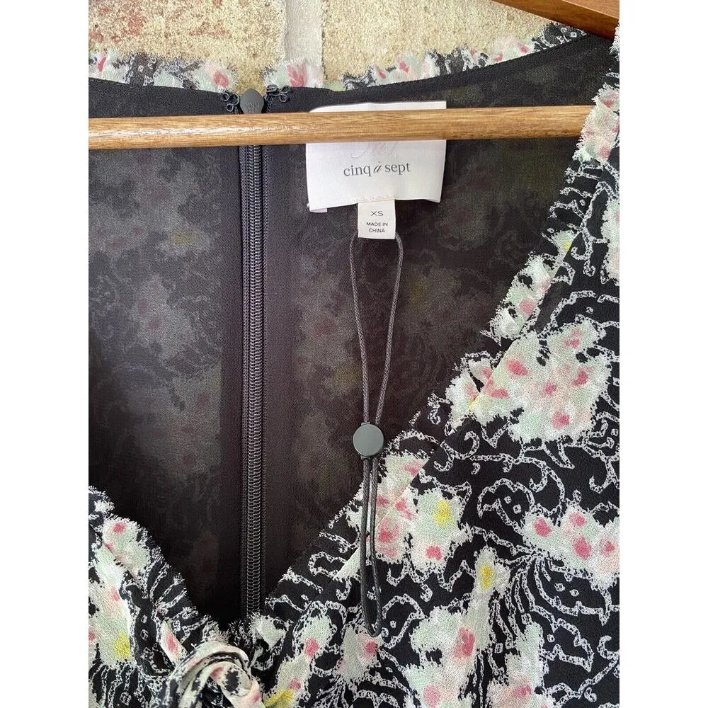 NWOT Cinq A Sept XS Kimberly Ruched Long Sleeve Top Black White Floral SemiSheer - Image 7