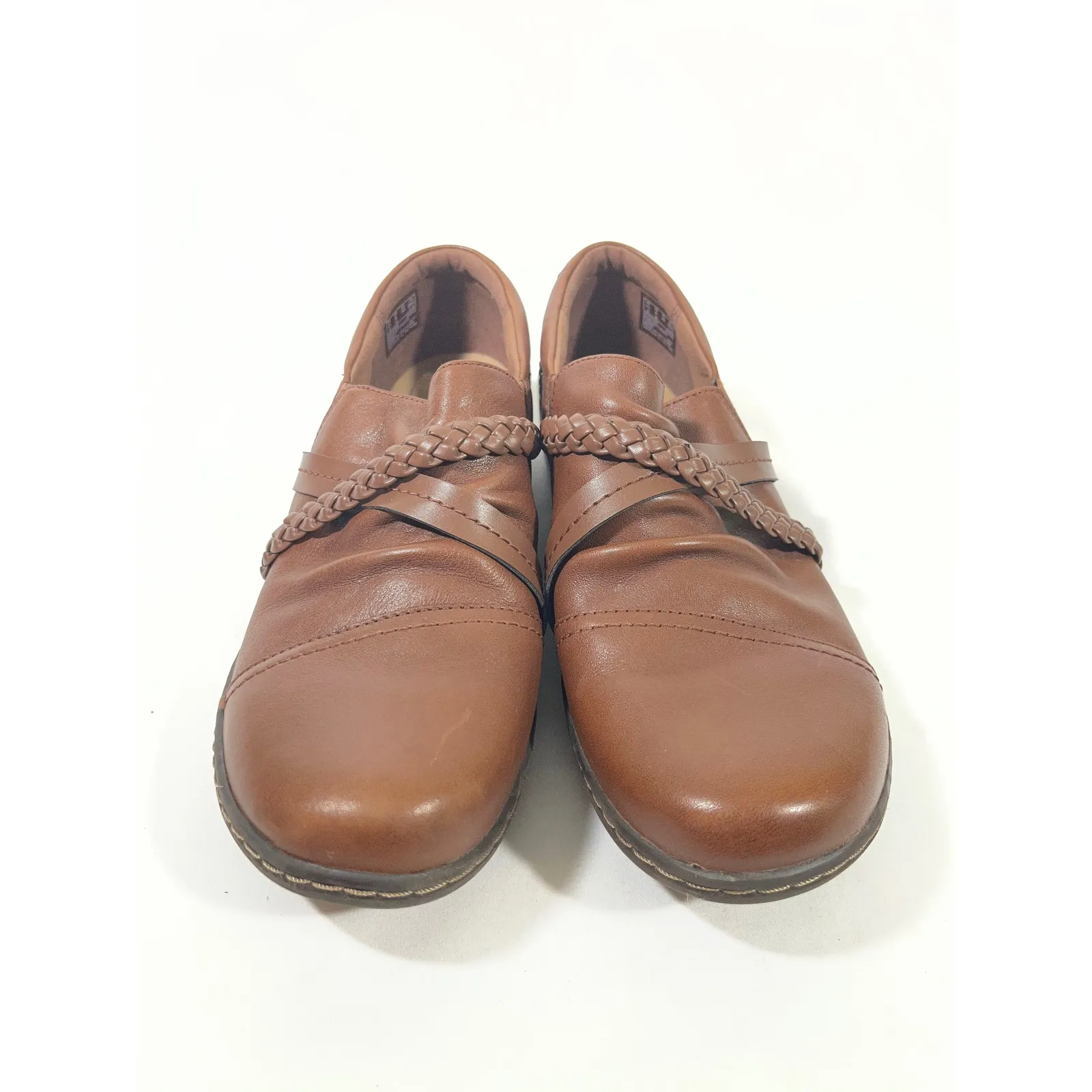 Clarks Women Leather Brown Braided Strap Slip On Loafer Shoes Classic Comfort 9 - Image 2