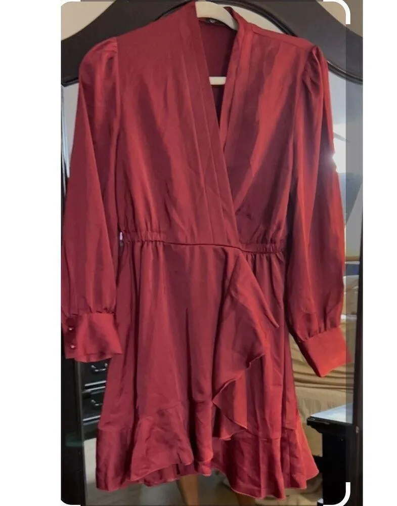 NEW Satin Long Puff Sleeve Satin V Neck Ruffle A Line MiniFlowy Dress S Red - Image 7