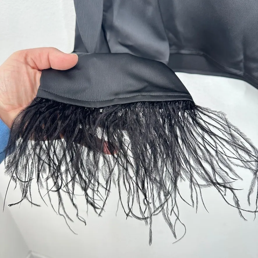 WAYF Black Satin Feather Trim Long Sleeve Crop Top Women's Size S NWT Shopbop - Image 7