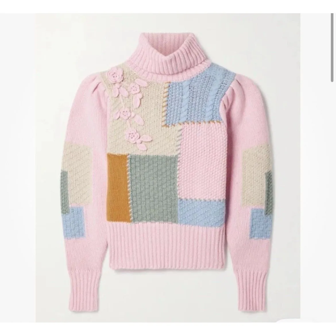 Love Shack Fancy Allan Appliquéd Patchwork Knitted Turtleneck Sweater Small Pink - Image 3