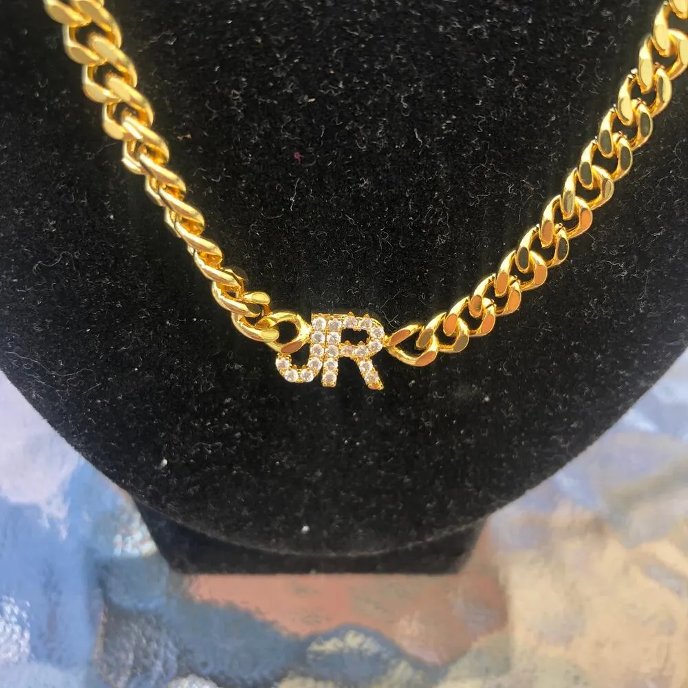NWOT Stainless Steel Gold Tone Chain Necklace with Rhinestone "JR" - Image 2