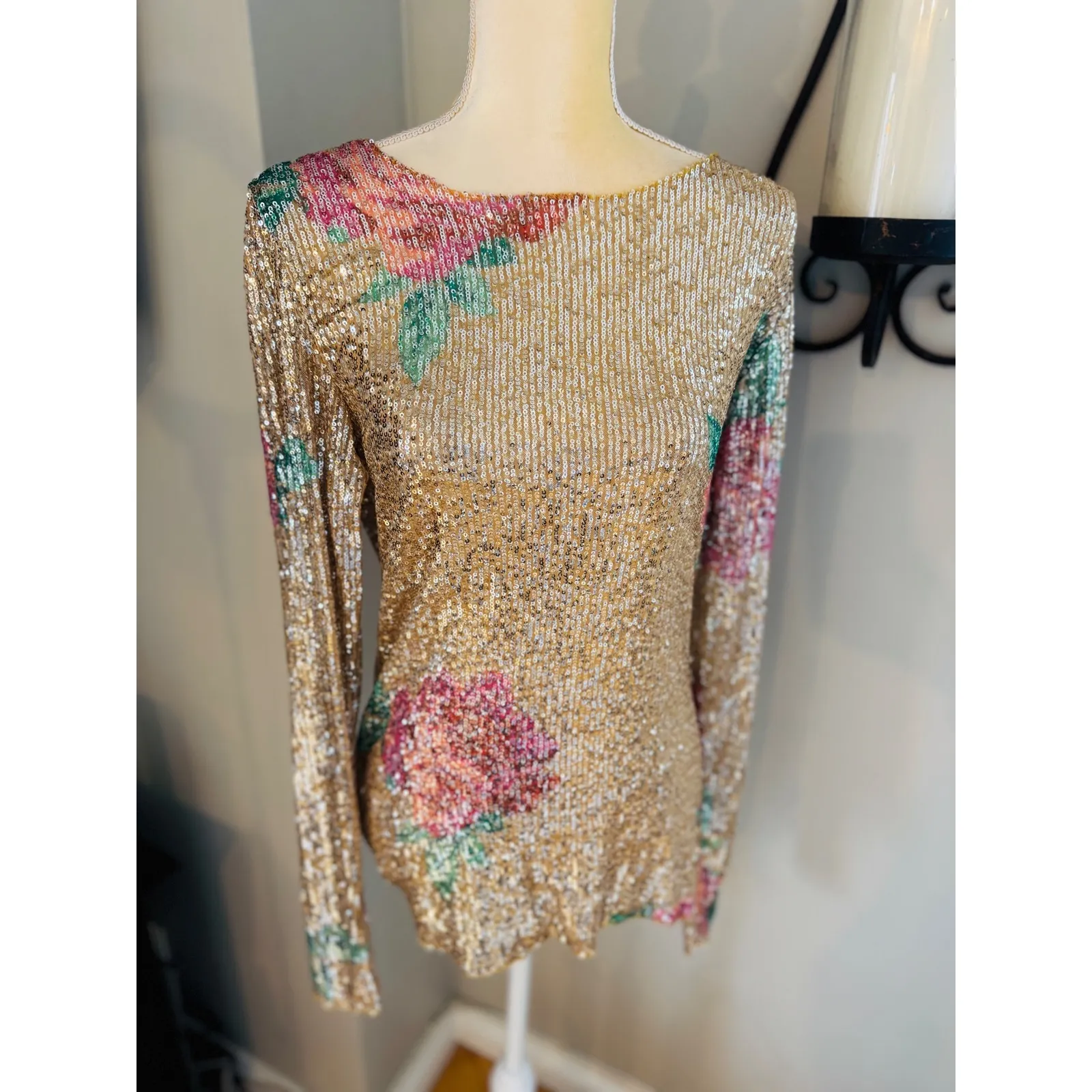 Free People Gold Rush Floral Sequin Top, Champagne/Pink, Medium,‎ NWOT - Image 6