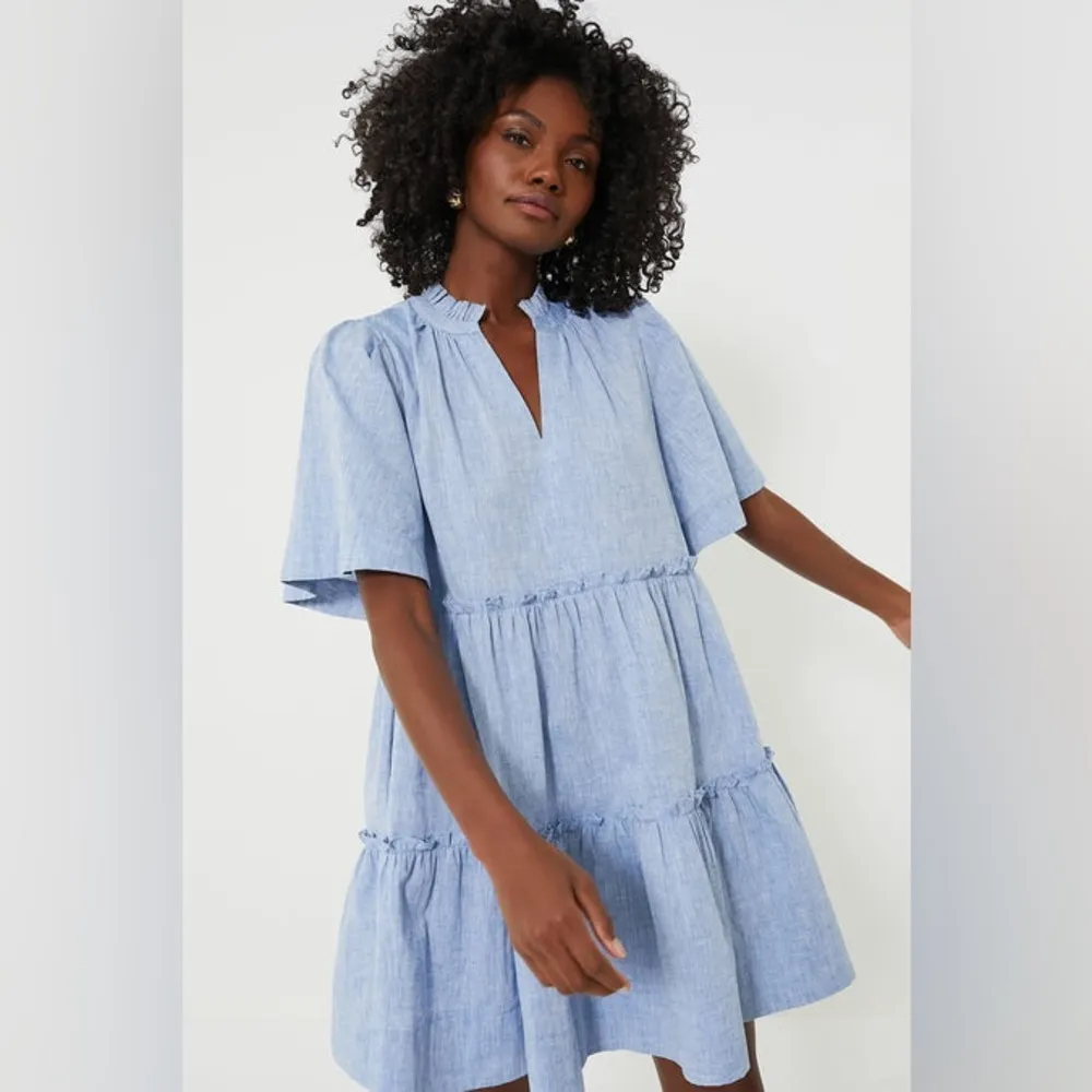 NWT Tuckernuck Chambray Crawford Blue Tiered Linen Blend Ruffle Mini Dress Small - Image 2