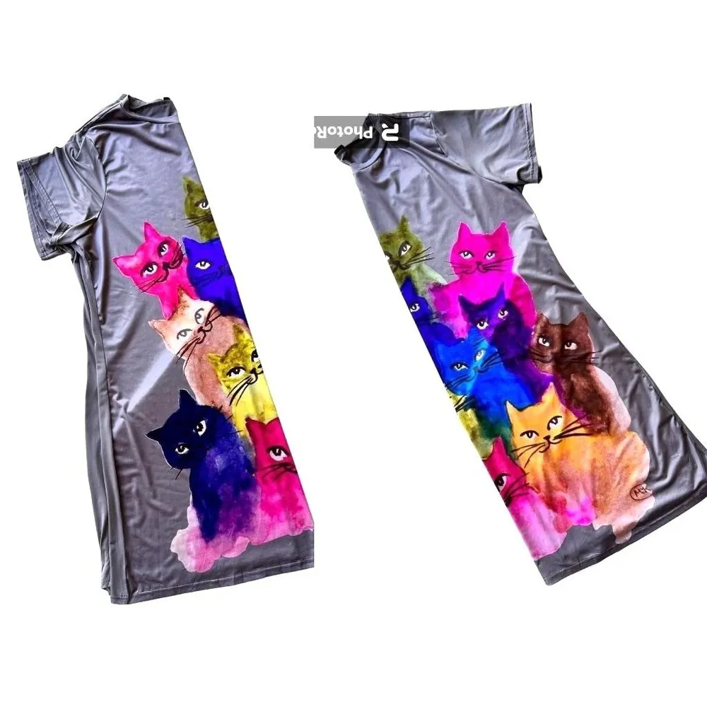 Emery Rose Dress 3XL Gray Colorful Cats Art to Wear Kitty Lover Festive … Size undefined - Image 7