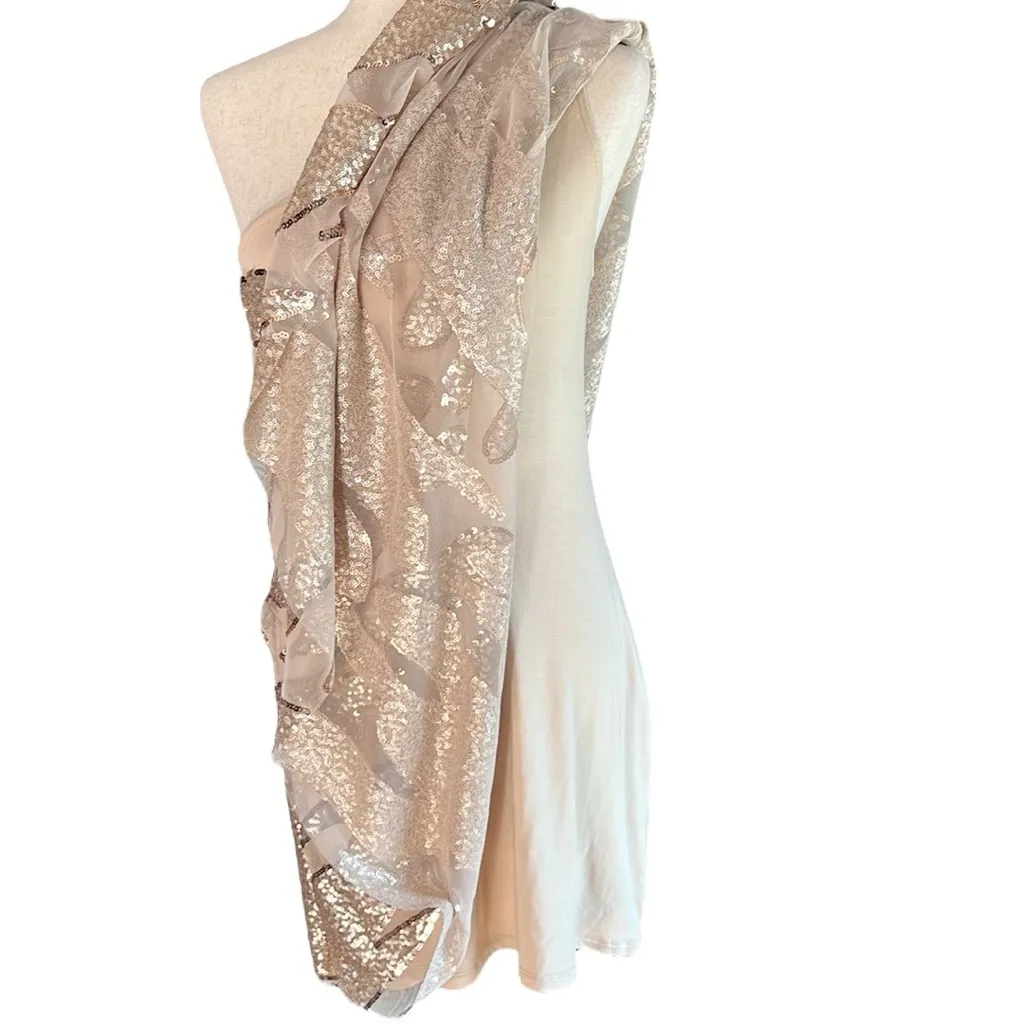 Bebe One Shoulder Rose Gold Sequined Overlay Dress - Image 13