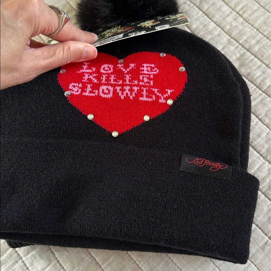 NWT Ed hardy Y2k black beanie Pom Pom heart rhinestone beanie set 2 - Image 3