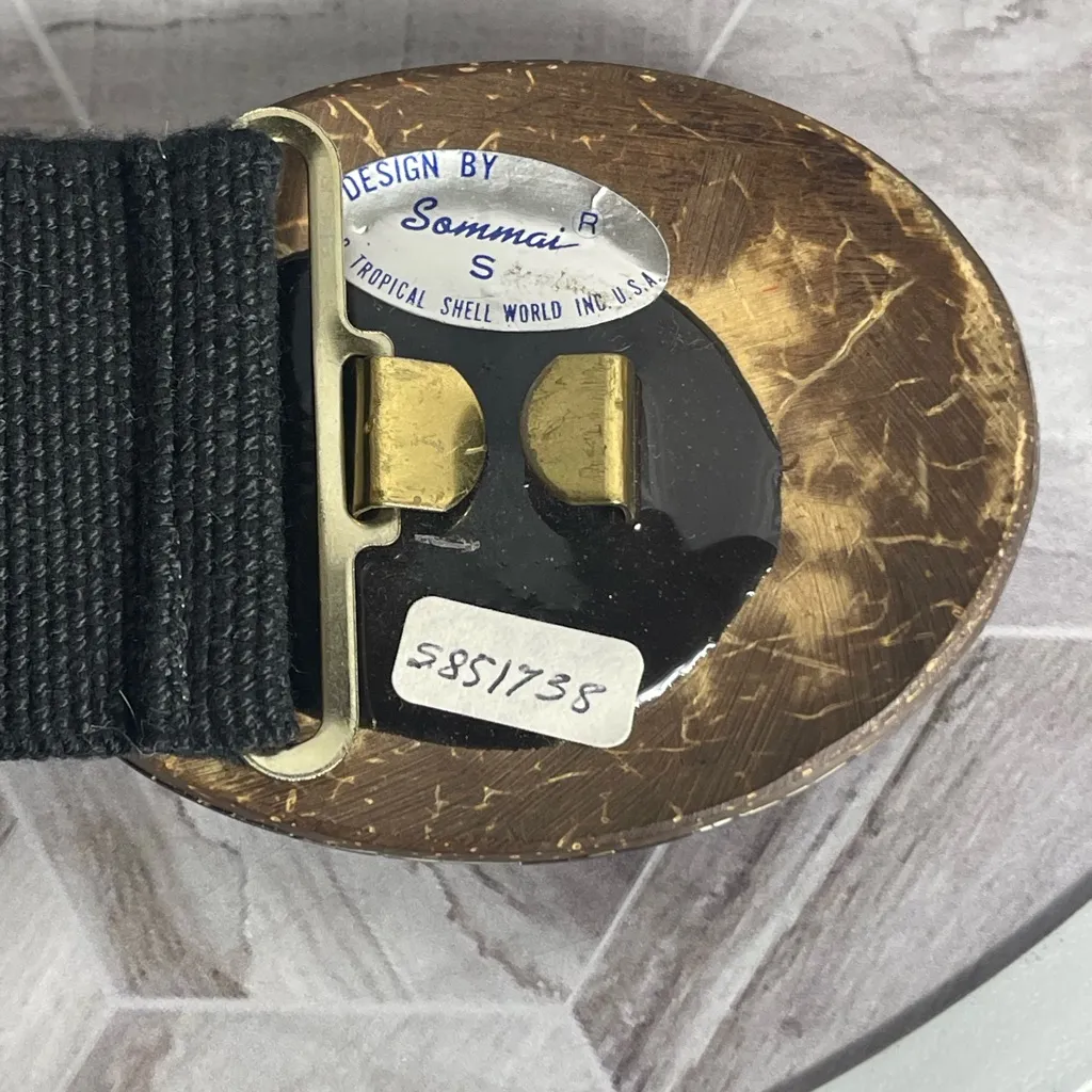 Vintage Sommai Tropical Shell World Mosaic Buckle Stretch Belt Black 2” Wide - Image 3