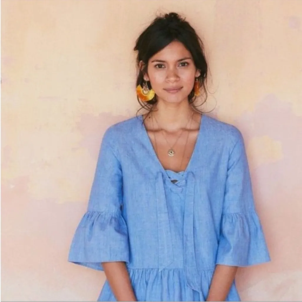 Sezane Anita Chambray Top Lace Up Denim Blouse Bell Sleeve Peplum Size 42 US 10 - Image 2