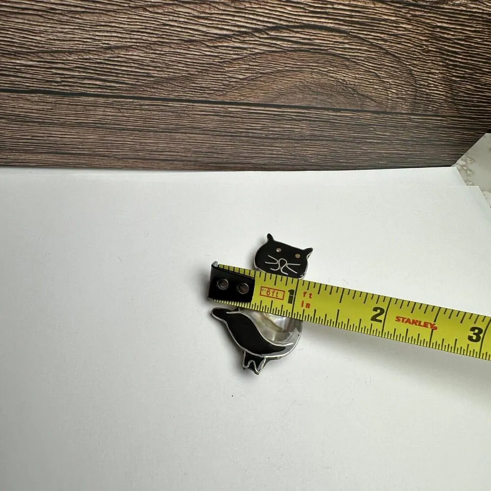 Alpaca Mexico Kitty Cat Brooch Pin Black Enamel Abalone Inlay & Silver Tone - Image 2