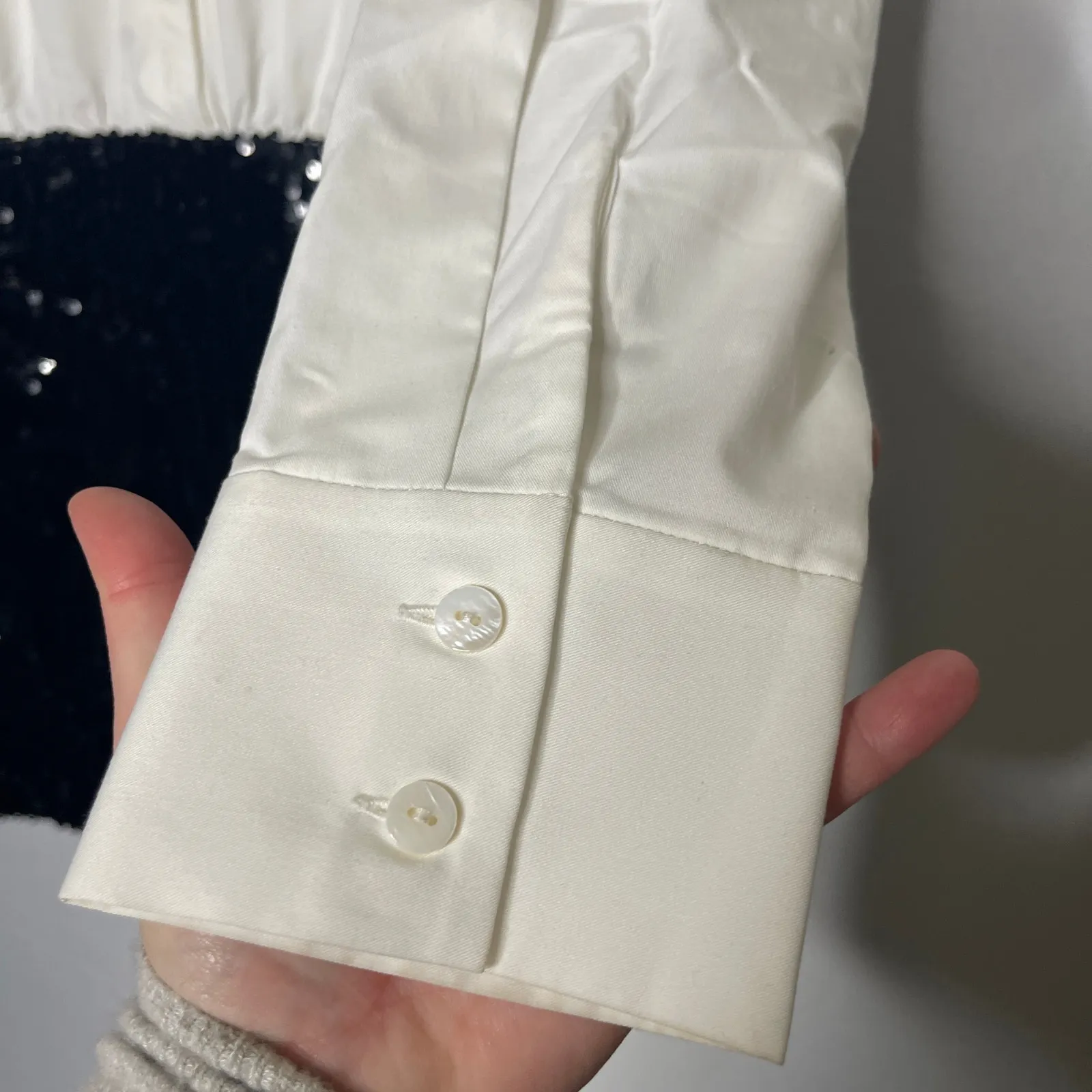 Anthropologie Mare Mare white Button down top black sequin bottom Mini Dress M - Image 6