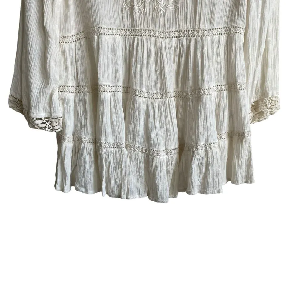 Japna Women Crop Top XS Ivory Embroidered Gauzy Crochet Inlet Boho Peasant Flowy - Image 7