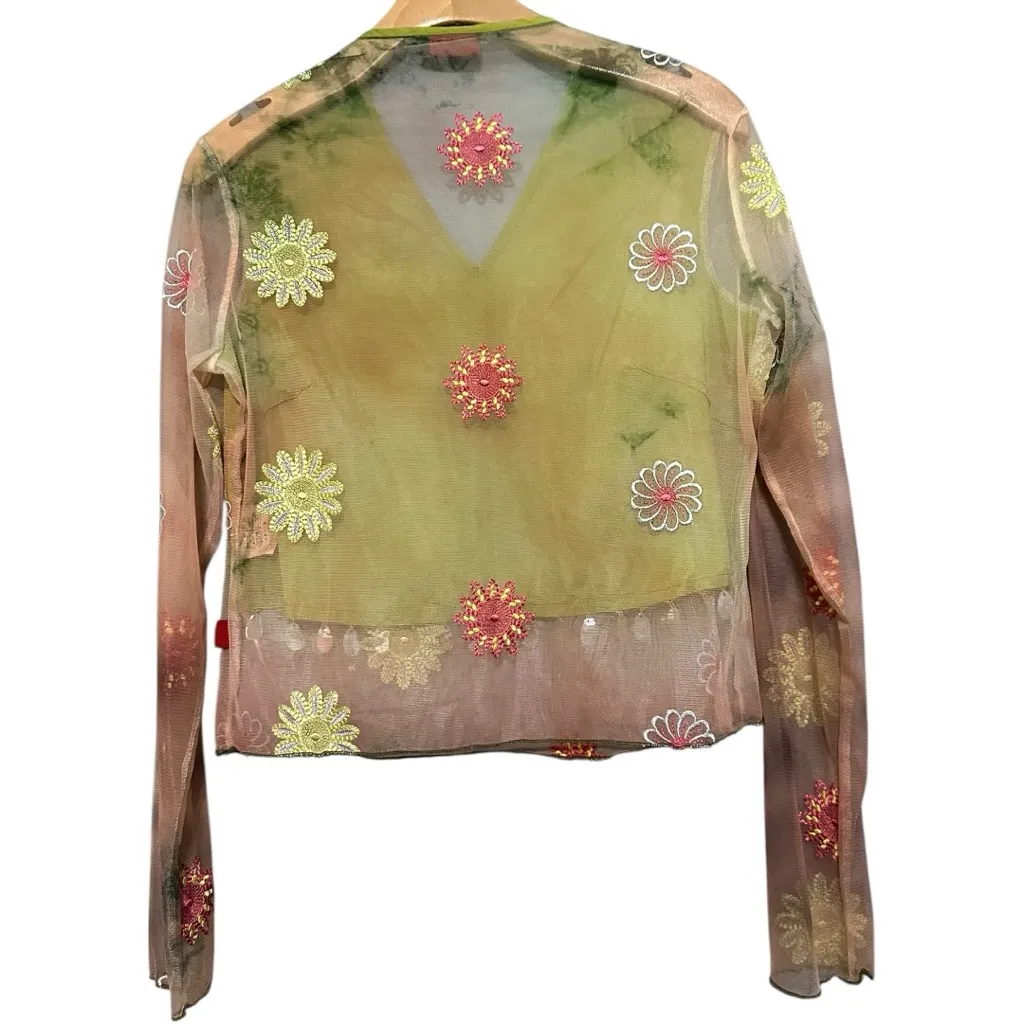 Gigli Women’s Size M Light Green Floral Embroidered Mesh Long Sleeve Top Size M - Image 3