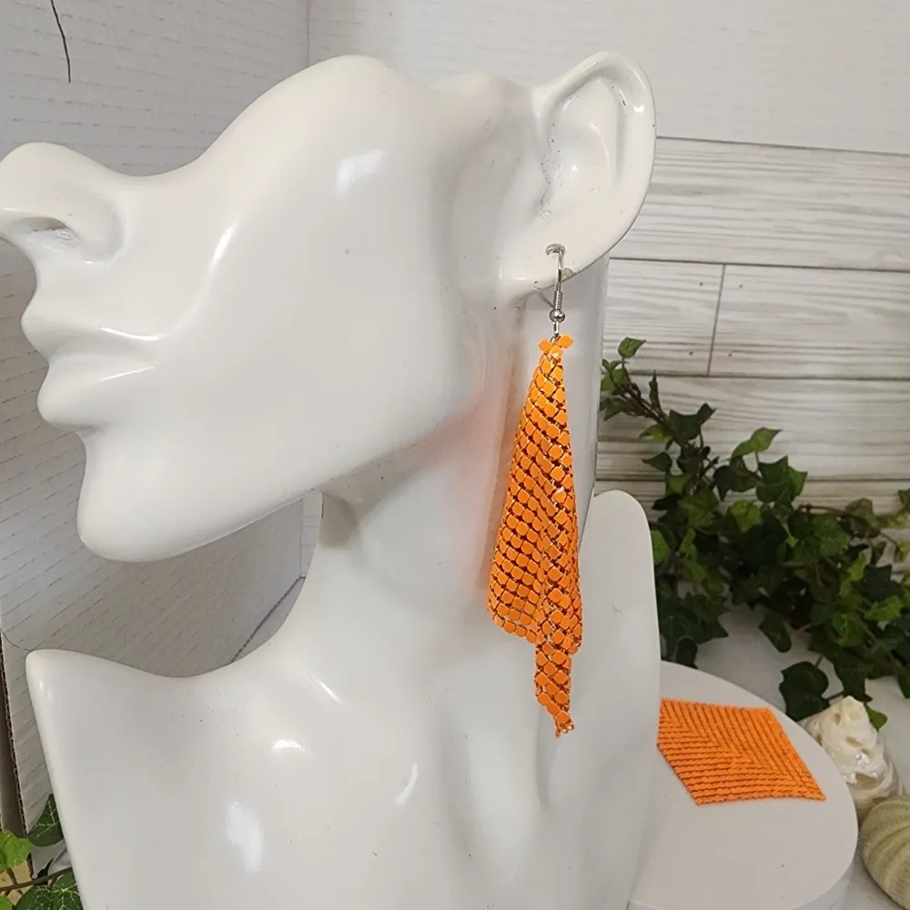 Orange Metal Mesh Earrings - Image 5
