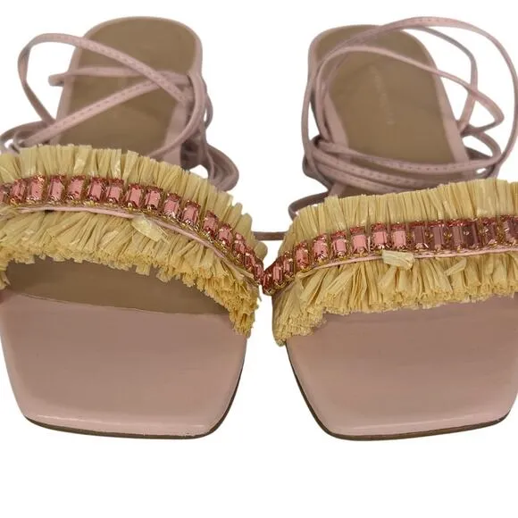 Anthropologie Embellished Tie Up Pink/Rose Raffia Square Toe Sandals New in Box‎ - Image 4