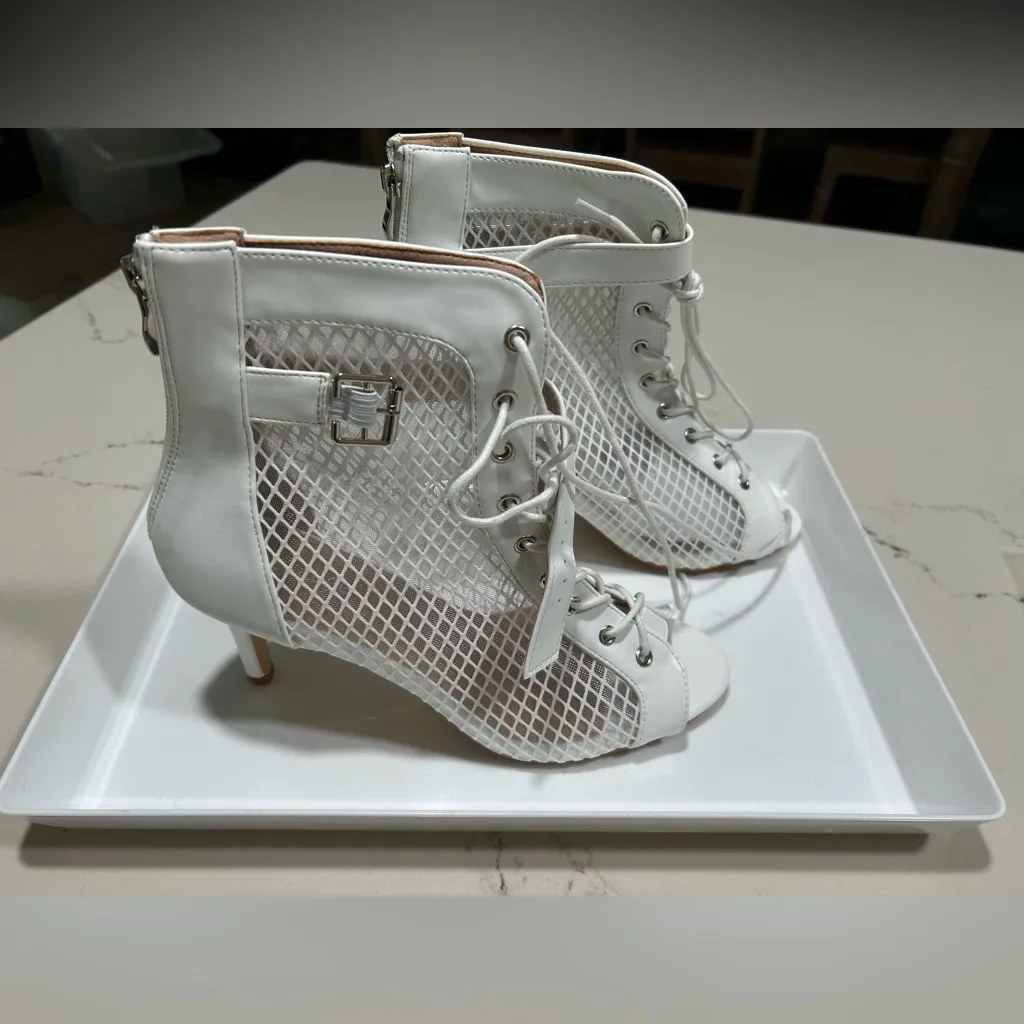NEW Mesh Booties Mesh Peep Toe Lace Up Buckle Strap Comfortable Boots 9.5 White - Image 6