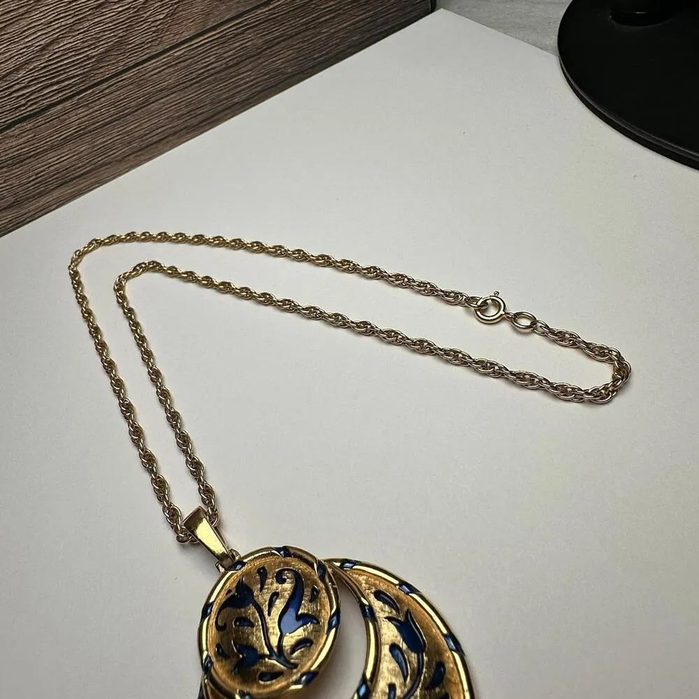 Crown Trifari L'ORIENT Necklace Pendant Blue Enamel Gold Tone Vintage Signed - Image 15