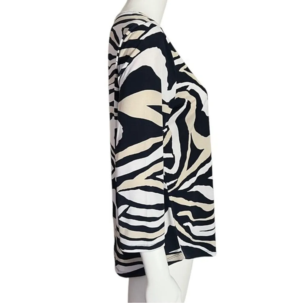 Chicos Shirt Womens Small White Black Tan Animal Print Edgy Casual Slinky Travel - Image 2